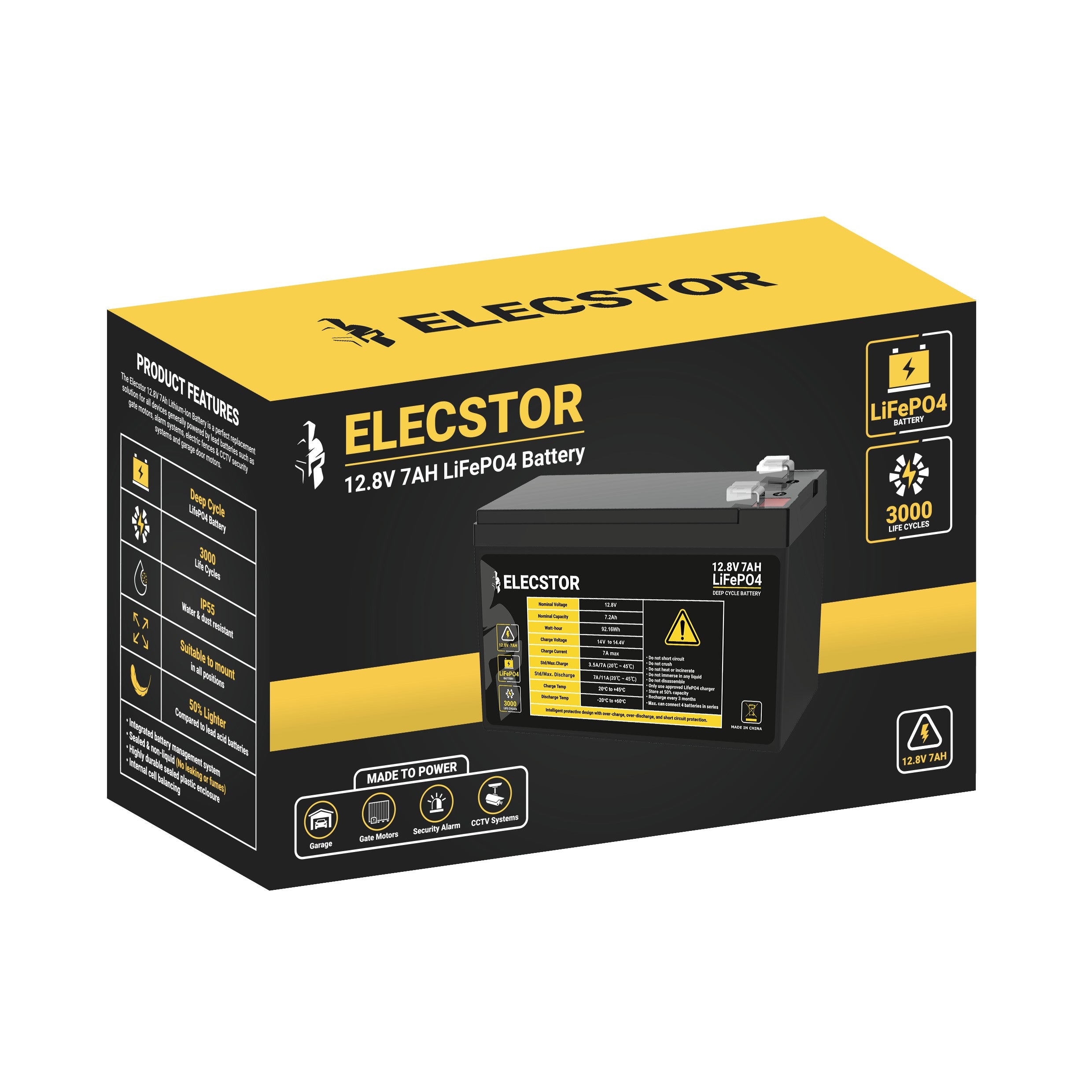 ELE-12V7ABT - ELECSTOR 12V 7A LIFEPO4 Battery 3000 CYCLES - WHITE BACKGROUND