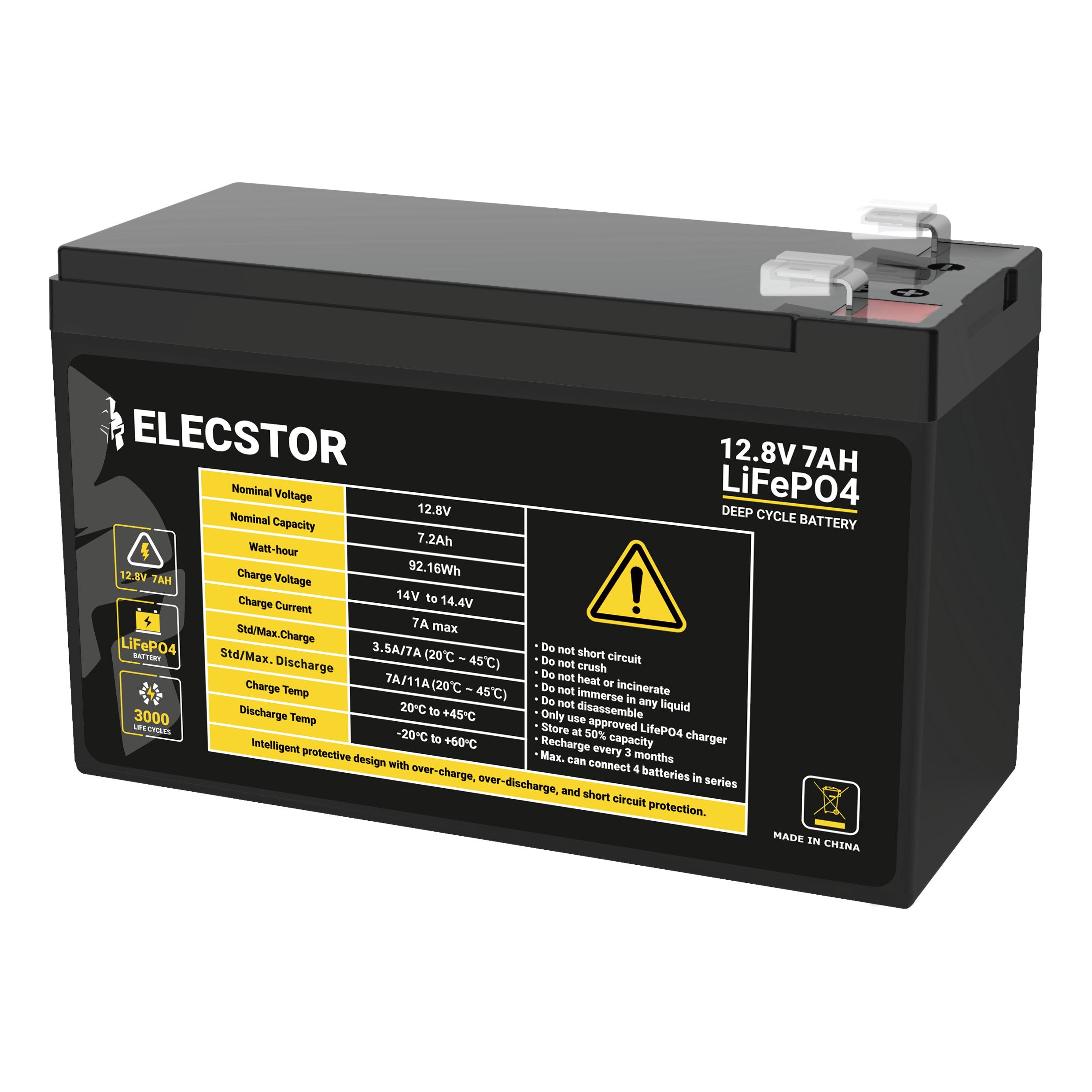 ELE-12V7ABT - ELECSTOR 12V 7A LIFEPO4 Battery 3000 CYCLES - WHITE BACKGROUND