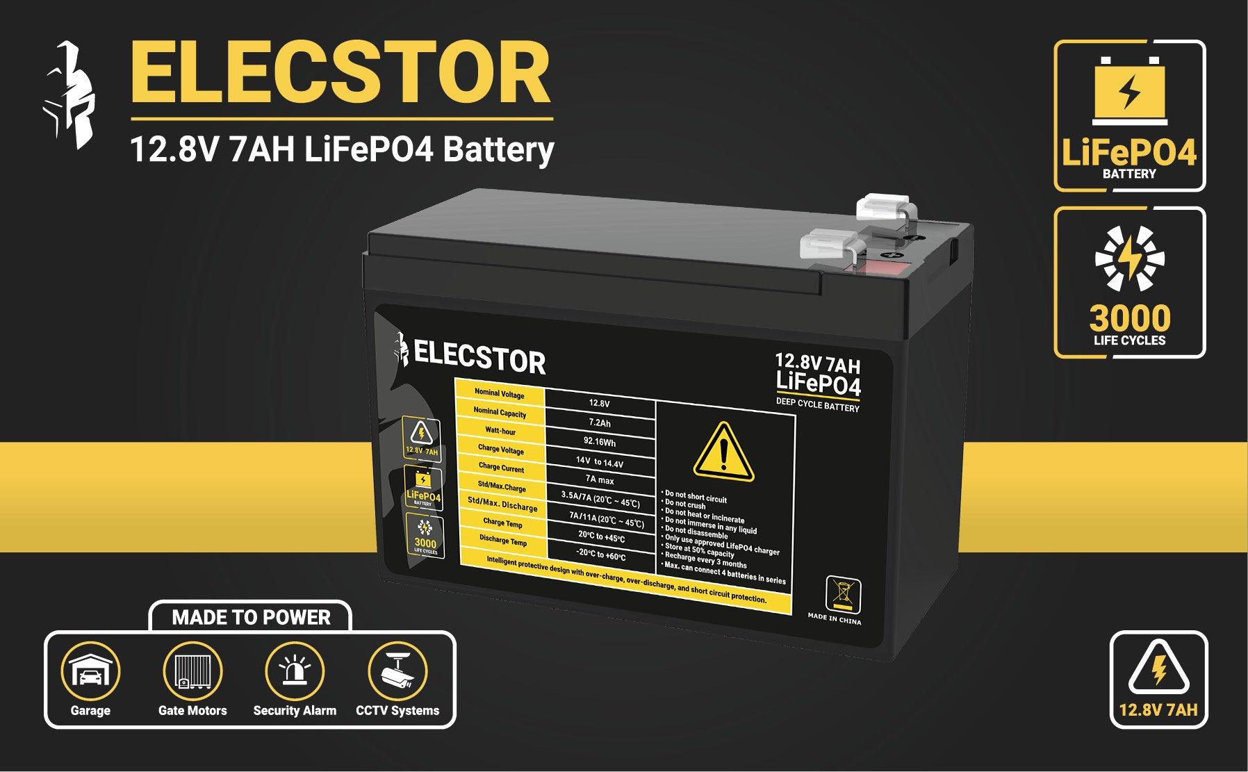 ELE-12V7ABT - ELECSTOR 12V 7A LIFEPO4 Battery 3000 CYCLES