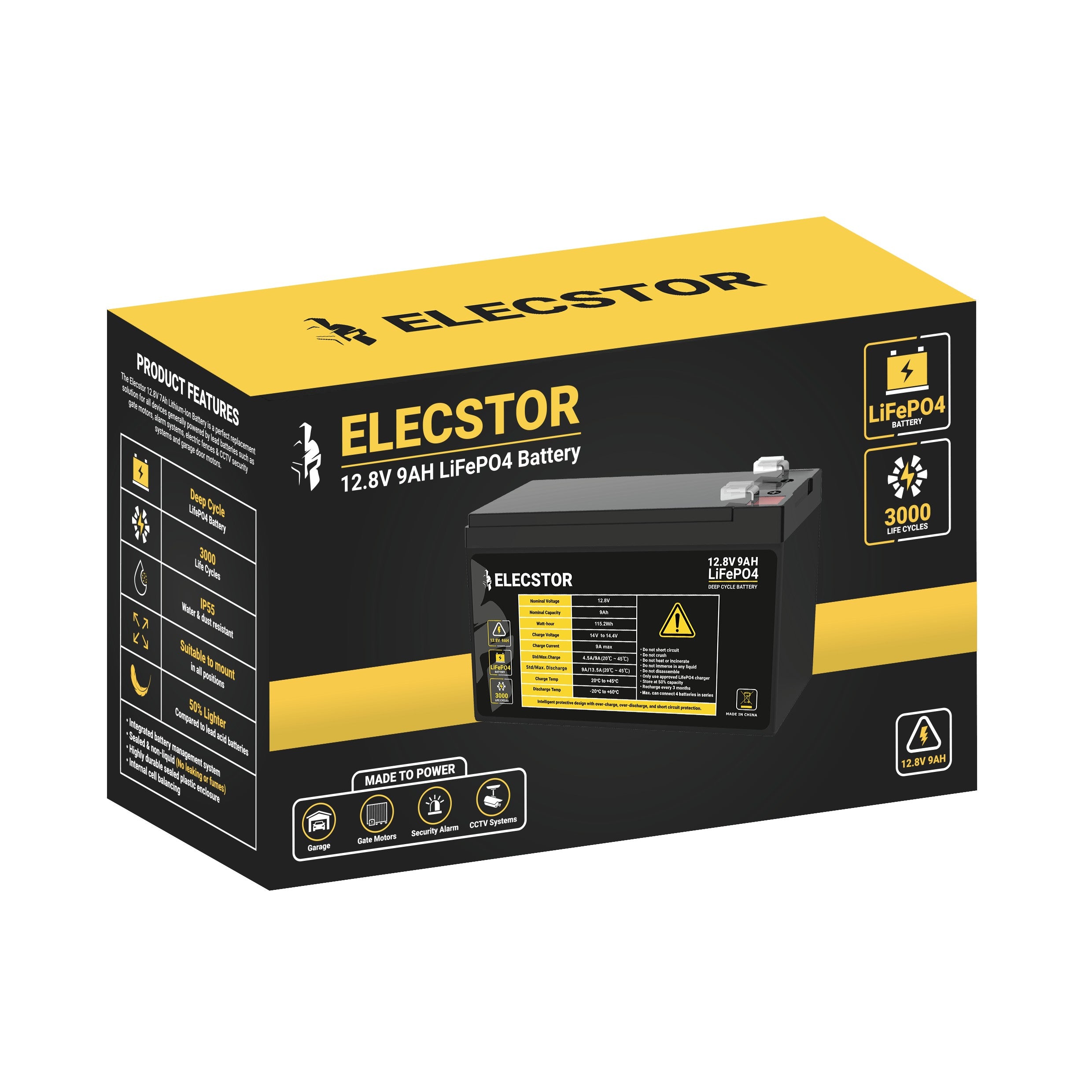 ELE-12V9ABT - ELECSTOR 12V 9A LIFEPO4 Battery 3000 CYCLES - WHITE BACKGROUND