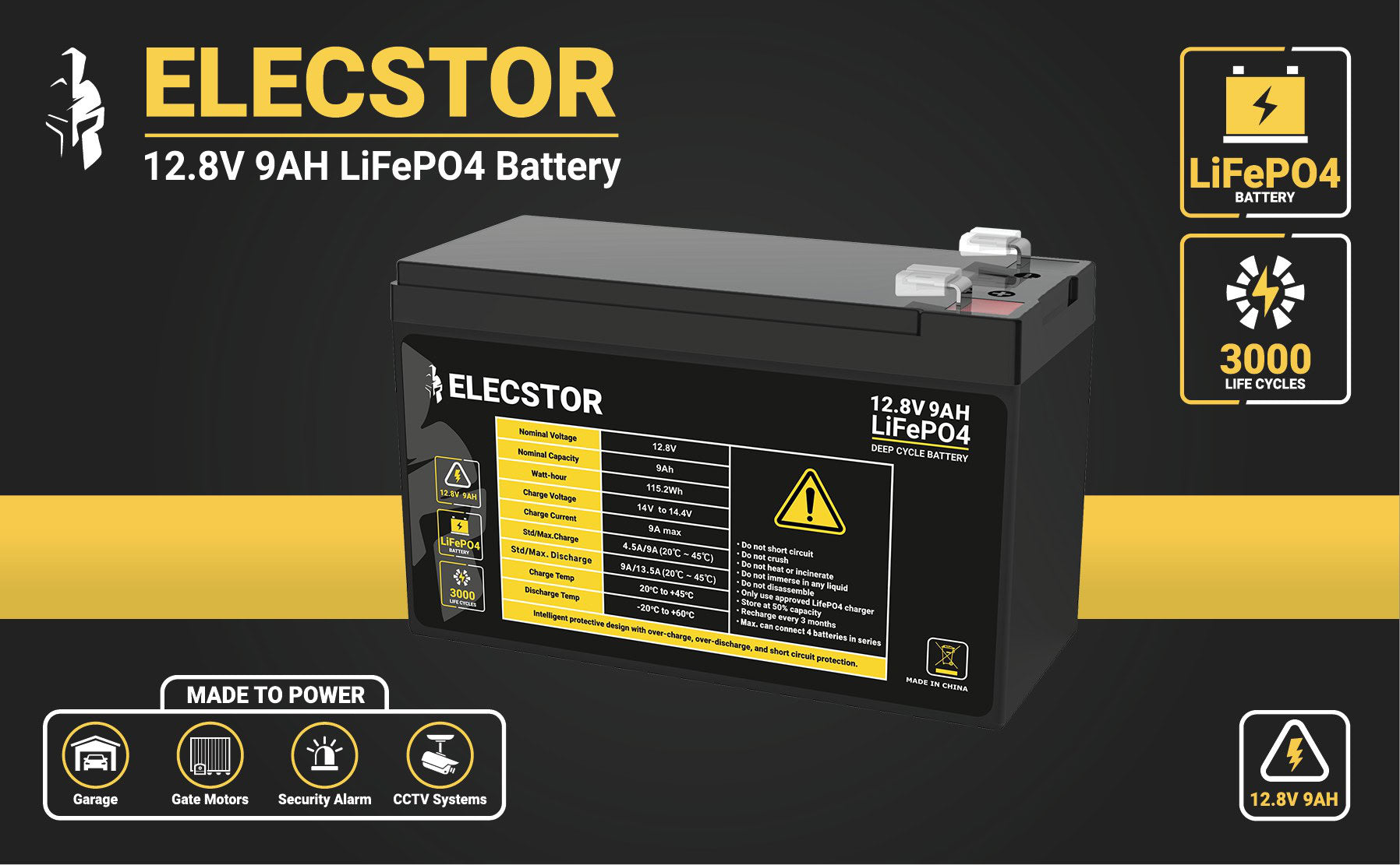 ELE-12V9ABT - ELECSTOR 12V 9A LIFEPO4 Battery 3000 CYCLES