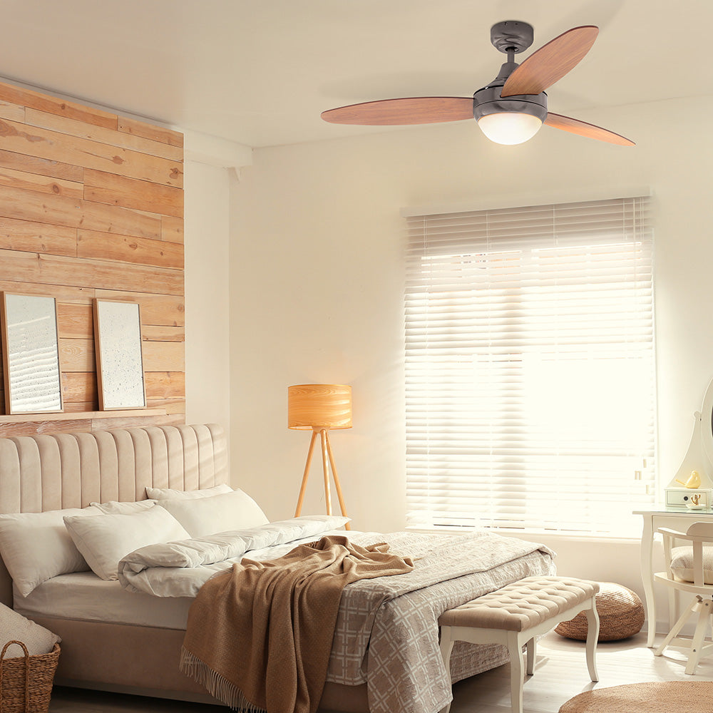 Stylish bedroom interior with modern ceiling fan and comfortable