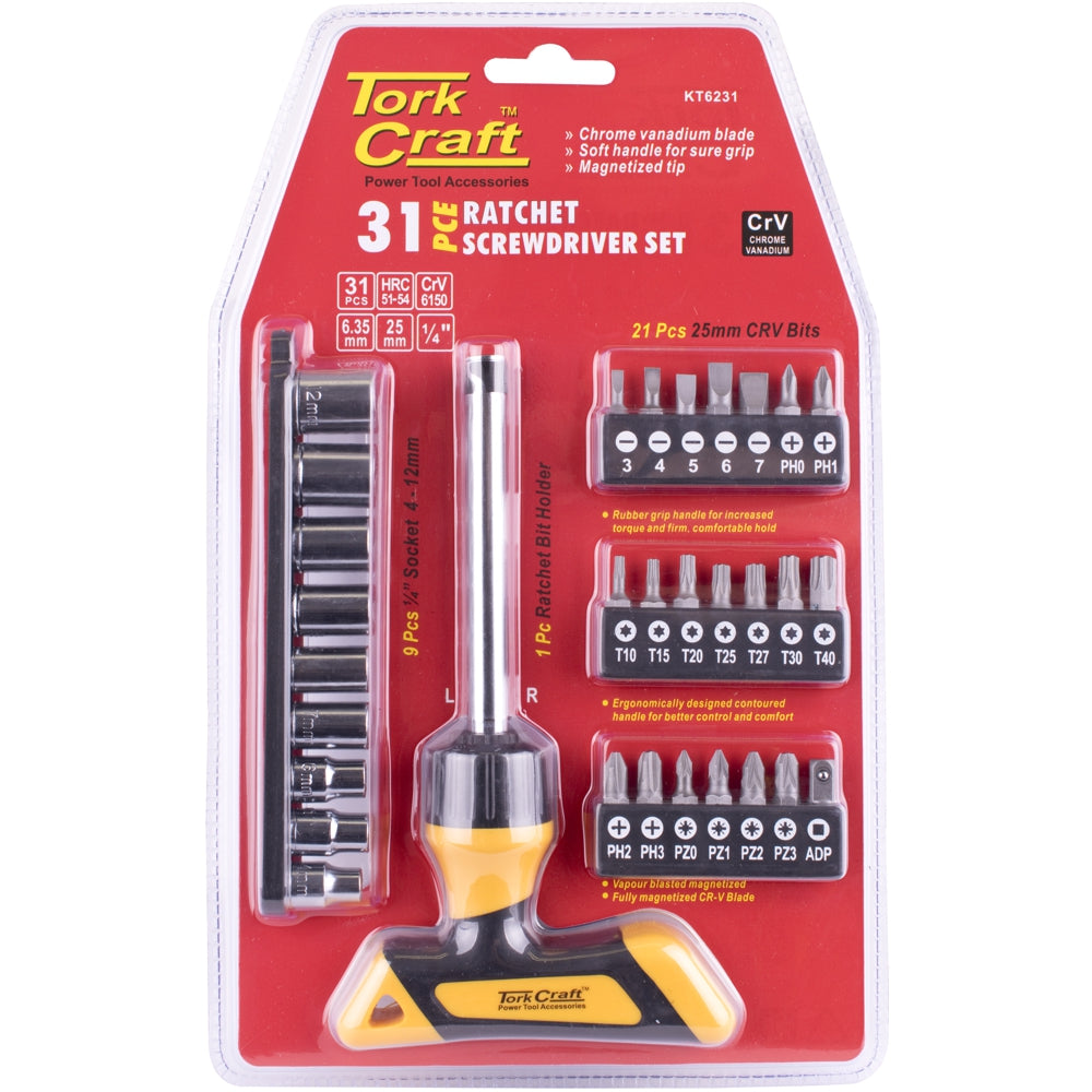 31 Pc Screwdriver Ratchet T Handle Bit Set