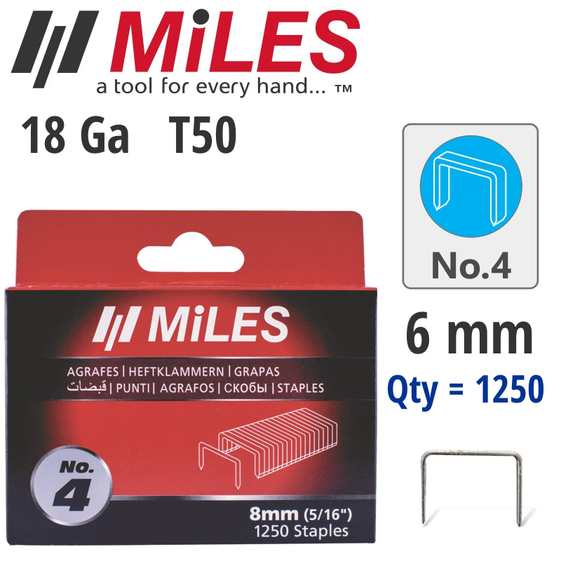 Galv Staples 18 G T50 6 Mm X 1250 Pcs Miles No4