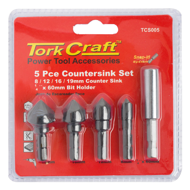 Countersink Set 5 Pce Set Carbon (8,12,16,19 Mm C/W Hex Shank Adaptor)